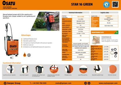 OSATU STAR 16 GREEN  ถังพ่นยาสะพายหลัง ขนาด 16 ลิตร